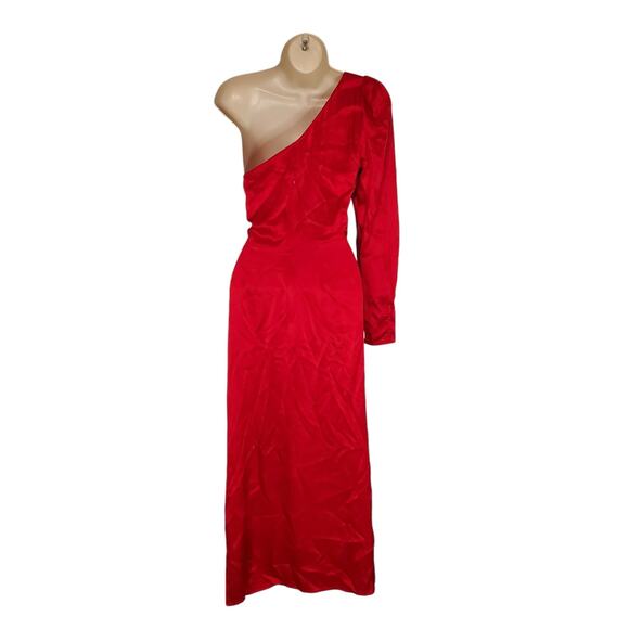 Reformation Justine 100% Silk High Slit One Shoulder Midi Dress Cherry Red 4 - Picture 3 of 9